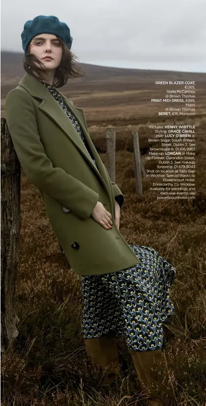  ??  ?? GREEN BLAZER COAT, €1,165, Stella McCartney @ Brown Thomas PRINT MIDI DRESS, €895, Marni @ Brown Thomas BERET, €15, Monsoon Pictures: KENNY WHITTLE Styling: GRACE CAHILL Hair: LUCY O BRIEN @ Brown Sugar, South William Street, Dublin 2, See...