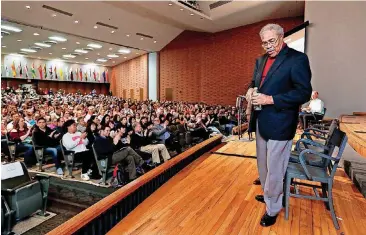  ?? [PHOTO BY STEVE SISNEY, THE OKLAHOMAN] ?? Wheeler Parker Jr. is introduced Monday at morning chapel at Oklahoma Christian University. Parker was invited to be the speaker for the university’s fifth annual History Speaks event. He is the last living eyewitness to the 1955 lynching of his...