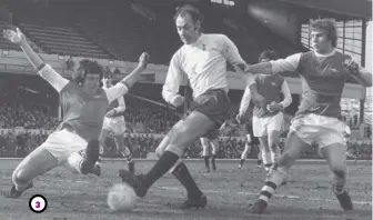  ??  ?? 1,Alan Gilzean (back row, third left) admires the Scottish Division One trophy won by Dundee in 1962. 2, Soaring above ex-england goalkeeper Peter Shilton playing for Spurs. 3, Firing in a shot against Arsenal. 4, Ready to set the world alight.