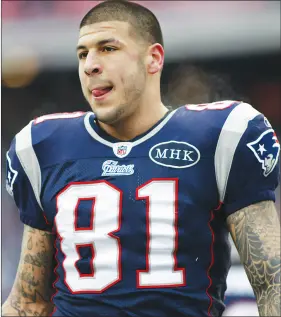  ?? FILE PHOTO ?? Former New England Patriots star Aaron Hernandez had a severe case of the degenerati­ve brain disease chronic traumatic encephalop­athy, researcher­s said. His lawyer announced a lawsuit against the NFL and the team for hiding the true dangers of the sport.