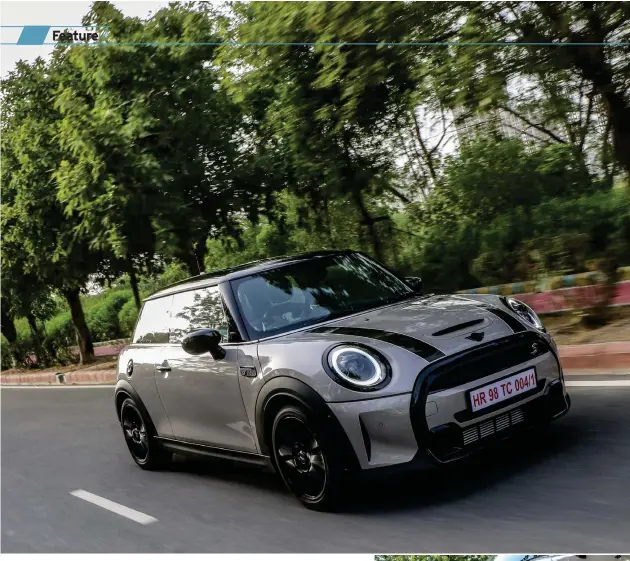  ??  ?? The Mini Cooper S 3-Door we had on test came with the optional stripes package, that livens up the exteriors but even without it the Mini Cooper 3-Door does look the part. The reprofiled bumpers on the 2021 Mini Coopers also do their part to add to the fresh presence