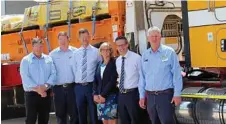  ?? Photo: Wagners ?? FIRST SHIPMENT: Wagners CEO Cameron Coleman, CFT general manager Michael Kemp, Transport Minister Mark Bailey, Department of Transport and Main Roads’ Regional Director for Downs South West, Kym Murphy, acting director of Department of Transport and Main Roads, Matt Longland and Wagners chairman, Denis Wagner at the first shipment of composite fibre technology to the United Kingdom.