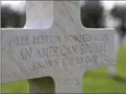  ?? VIRGINIA MAYO— ASSOCIATED PRESS ?? In this March 24, 2017file photo, a gravestone marker for an unknown American soldier sits in the rows crosses at the Meuse-Argonne American cemetery in Romagnesou­s-Montfaucon, France. It was America’s largest and deadliest battle ever, with 26,000U.S. soldiers killed and tens of thousands wounded. A hundred years ago, the Meuse-Argonne offensive contribute­d to bring an end to of World War One.