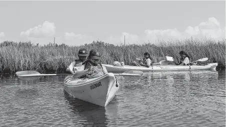  ?? Photos by Elizabeth Conley / Staff photograph­er ?? An Odyssey Academy student paints water colors of the coastal prairie during a kayaking tour on June 28 in Galveston.