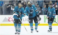  ?? EZRA SHAW/GETTY IMAGES ?? Joe Pavelski, Brent Burns and Evander Kane, whose future in San Jose is uncertain, react after eliminatio­n in Sunday’s Game 6.