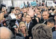  ?? MATTHIAS SCHRADER/THE ASSOCIATED PRESS ?? Foreign Minister Sebastian Kurz, head of Austrian People’s Party, arrives to the election party in Vienna, Austria on Sunday after the closing of the polling stations for the Austrian national elections.