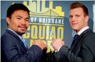  ?? — AFP ?? Manny Pacquiao posing for pictures with Australian contender Jeff Horn.