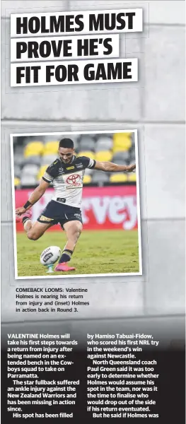  ??  ?? COMEBACK LOOMS: Valentine Holmes is nearing his return from injury and (inset) Holmes in action back in Round 3.