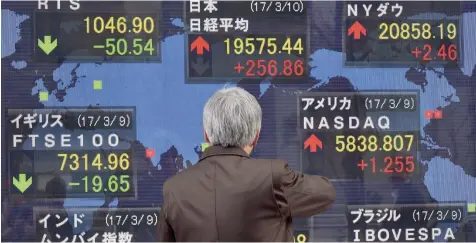  ?? — AFP ?? A man looks at an electric quotation board flashing numbers of the world’s stock markets, including the Tokyo Stock Exchange (C, top), in front of a securities company in Tokyo.