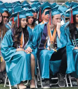  ?? CLYDE MUELLER THE NEW MEXICAN ?? From left, Capital valedictor­ian Flora R. Gallegos and salutatori­an Isaiah John Kongtsvik spoke at the school’s graduation ceremony last month. To get up in front of parents, teachers and friends and say something that is not only meaningful but makes...