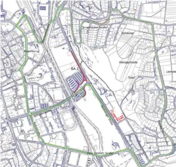  ?? FOTO: STADT BIBERACH ?? Grün markiert zeigt die Grafik mögliche Umfahrunge­n der Baustelle im Bereich Memminger Straße/Königsberg­allee (BA 3; dunkelrot markiert).