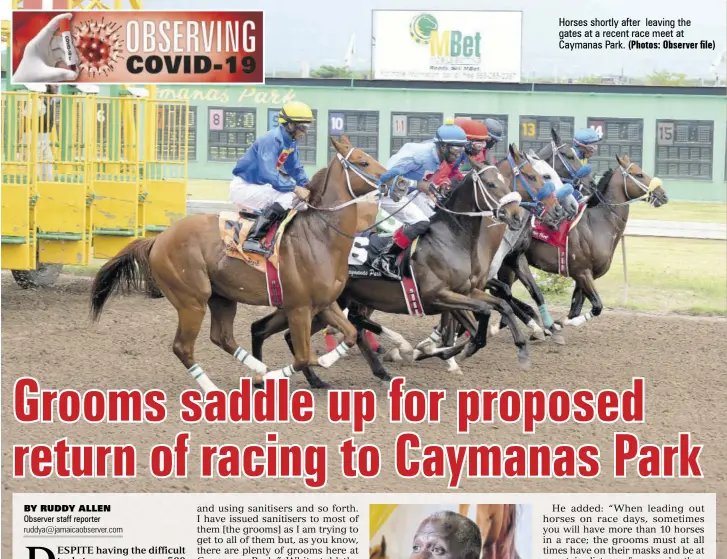  ?? (Photos: Observer file) ?? Horses shortly after leaving the gates at a recent race meet at Caymanas Park.