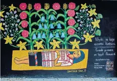  ??  ?? En la sede de la Universida­d de Londres en la colonia Roma, Santiago Savi pintó un mural que refiere a las mujeres mixtecas de Tlaxiaco, Oaxaca.