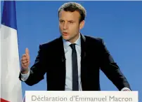  ?? Reuters ?? Emmanuel Macron delivers a speech to announce his candidacy for the 2017 French presidenti­al election in Bobigny, near Paris, on Wednesday. —