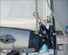  ??  ?? The gooseneck is a busy place. When reefed, the reef block shouldn’t interfere with the boom (top). Set properly, the reef line pulls forward and down on the sail (center). Overly tightened, the lead of the reef line through the bracket on the mast...