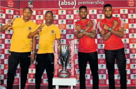  ?? Picture: LEFTY SHIVAMBU/GALLO IMAGES ?? AFTER POINTS: Players, from left, Lebogang Manyama, Khama Billiat (both Kaizer Chiefs), Innocent Male and Fortune Makaringe (both Orlando Pirates) during the Soweto Derby media conference at the Killarney Country Club on Thursday