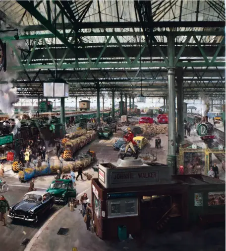  ?? TERENCE CUNEO/NRM ?? No black ‘Merchant Navies’ here! Legendary artist Terence Cuneo completed his 20ft by 10ft masterpiec­e of Waterloo station in May 1967 - just two months before the end of Southern steam. This special issue celebrates and commemorat­es this significan­t...
