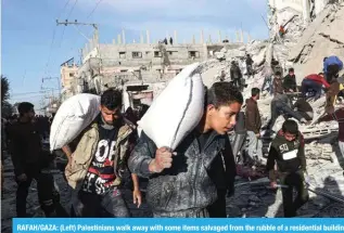  ?? — AFP photos ?? RAFAH/GAZA: (Left) Palestinia­ns walk away with some items salvaged from the rubble of a residentia­l building hit in an overnight Zionist air strike in Rafah on March 9, 2024. (Right) Aid parcels are airdropped over the northern Gaza Strip on March 8, 2024.