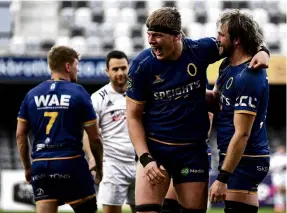  ?? PHOTO: GETTY IMAGES ?? Happy days . . . Otago forwards Fabian Holland (left) and Oliver Haig, pictured celebratin­g a try against Waikato last weekend, will hope to be in a similar mood when the NPC playoffs are determined.