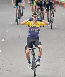  ??  ?? Primoz Roglic celebrates his success on the first stage.