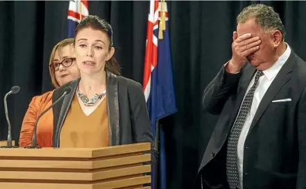  ?? KEVIN STENT/STUFF ?? From left, Energy Minister Megan Woods, Prime Minister Jacinda Ardern and Regional Developmen­t Minister Shane Jones at the oil exploratio­n announceme­nt.