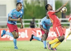  ?? GLADSTONE TAYLOR/PHOTOGRAPH­ER ?? Arden Jokomba (right) of Cornwall College controls the ball while being chased by St George’s College’s Naren Cameron (left) during yesterday’s Champions Cup semi-finals match at Sabina Park. Cornwall won 2-0.