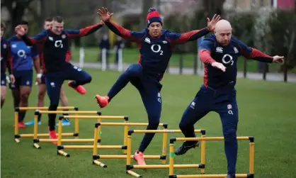  ??  ?? Willi Heinz leads Anthony Watson and Jonny May through an England training drill in the buildup to the Six Nations match against Wales. Photograph: Matthew Childs/Action Images via Reuters