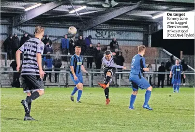  ?? ?? On target Tommy Lone, who bagged Glens’second, strikes at goal (Pics: Dave Taylor)
