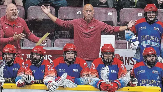  ?? CLIFFORD SKARSTEDT EXAMINER ?? Peterborou­gh Century 21 Lakers head coach Paul Day and assistant coach Tracey Kelusky argue a call against Oakville Rock during Game 3 of the Major Series Lacrosse championsh­ip series at the Memorial Centre on Aug. 26. Game 1 of the Mann Cup series against the Maple Ridge Burrards is Friday at 8 p.m. at the Memorial Centre.