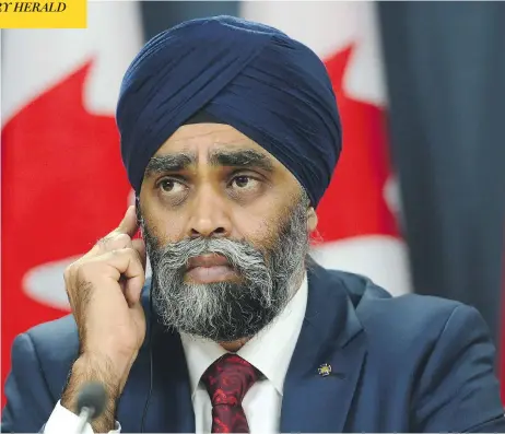  ?? SEAN KILPATRICK / THE CANADIAN PRESS ?? Defence Minister Harjit Sajjan has said Canada has a “capability gap,” and the jet purchase will help meet Norad and NATO commitment­s.