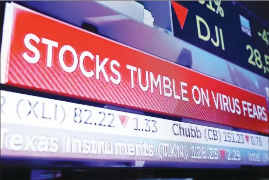  ??  ?? A television screen headlines trading on the floor of the New York Stock Exchange on Jan 27. Stocks tumbled at the open on Wall Street following a sell-off in markets in Europe and Japan as
investors grow more concerned about the potential economic impact of an outbreak of a deadly coronaviru­s. (AP)