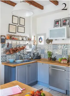  ??  ?? 2 Kitchen This space is a blend of old and new in a soothing blue palette. Bodbyn cabinet doors, from £18 each; Jutis glass cabinet doors, from £17 each, both ikea. take a look at Skyros delft blue wall and floor tiles, £16.40sq m, total tiles. For a copper pan set, try the Linea Cucina copper cookware range, from £16, House of Fraser