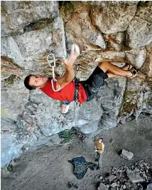  ??  ?? Sefton Priestley had total hip replacemen­ts in 2012 and 2013, but didn’t let that get in the way of winning the male open lead at the 2016 NZ Lead Climbing Champs.