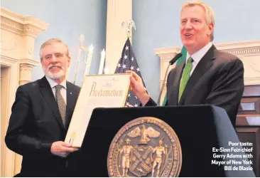  ??  ?? Poor taste: Ex-Sinn Fein chief Gerry Adams with Mayor of New York
Bill de Blasio