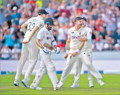 ?? GETTY ?? England pacer Jimmy Anderson celebrates after dismissing India skipper Virat Kohli on the first day of the third Test at Headingley. India were bowled out for 78.