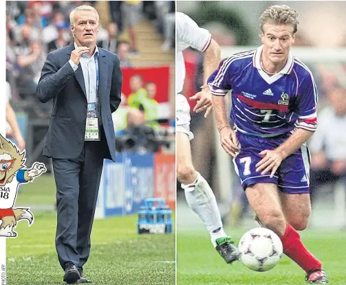  ??  ?? Didier Deschamps, seen on the left in his role as France coach at the 2018 World Cup, leads Les Bleus at the 1998 finals.