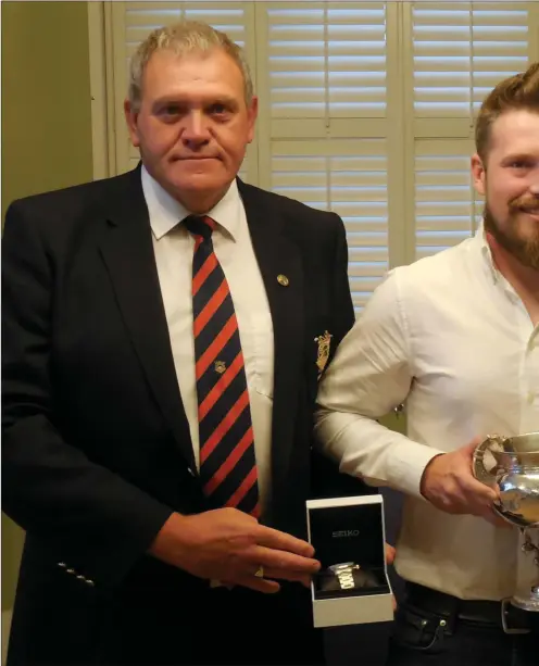  ??  ?? Jake Moore, winner of the 2018 County Louth Golf Club Spicer Cup, with Captain Pat McCabe and President Neil Matthews.