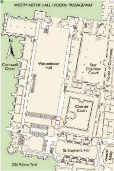  ??  ?? Left: A hidden passageway through the Romanesque wall near the south-east corner of Westminste­r Hall led into the western walk of St Stephen’s Tudor cloisters