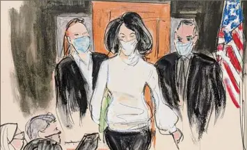 ?? Elizabeth Williams / Associated Press ?? In this sketch, Ghislaine Maxwell enters the courtroom escorted by U.S. Marshalls at the start of her trial Nov. 29, 2021, in New York. Seven women who say Maxwell helped Jeffrey Epstein steal the innocence of their youth are asking a judge who will sentence the British socialite on Tuesday to consider their pain.
