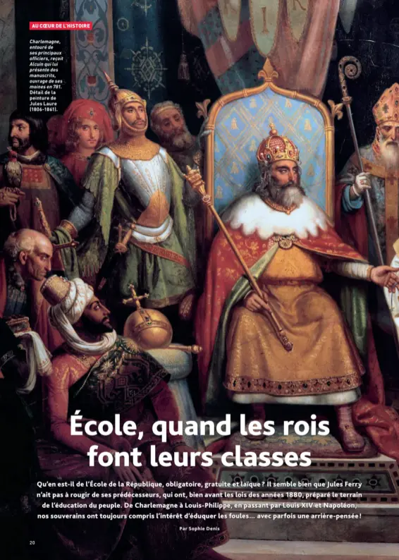  ??  ?? Charlemagn­e, entouré de ses principaux officiers, reçoit Alcuin qui lui présente des manuscrits, ouvrage de ses moines en 781. Détail de la peinture de Jules Laure (1806-1861).