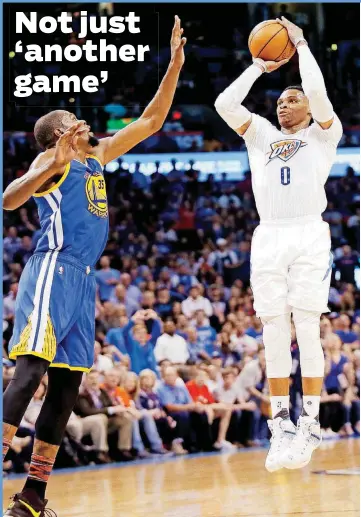  ?? [PHOTO BY NATE BILLINGS, THE OKLAHOMAN ARCHIVES] ?? Oklahoma City’s Russell Westbrook, right, and Golden State’s Kevin Durant will play against each other for the first time this season on Wednesday night at Chesapeake Energy Arena. The former Thunder teammates say the matchup is just another game on...