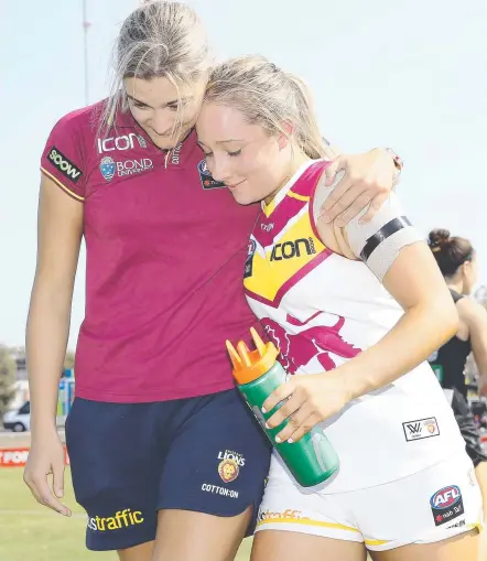  ?? Picture: GETTY IMAGES ?? Jacqui Yorston (right), pictured with Lions teammate Lauren Bella, is off to the Suns in 2020.