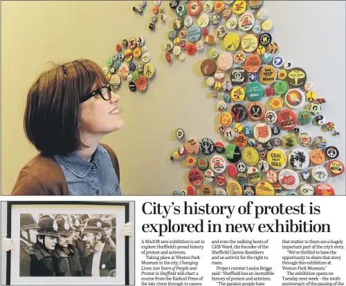  ??  ?? Amy Farry, top, of Museums Sheffield, with a map of the UK made up of protest badges worn by the people of the city. Above, a photograph taken during the miners’ strike.