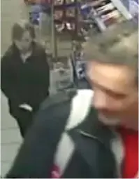  ??  ?? CCTV: William Billingham, wearing his daughter’s pink rucksack, leads Mylee around the store