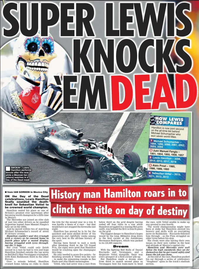  ??  ?? SMOKIN’: Lewis Hamilton performs donuts after the race while a Mexican fan (above) watches in a Day of the Dead mask