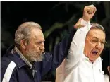  ?? JAVIER GALEANO / AP ?? In this April 19, 2011, file photo, Fidel Castro, left, raises the hand of his brother, President Raul Castro, as they sing the internatio­nal socialism anthem during the 6th Communist Party Congress in Havana, Cuba.