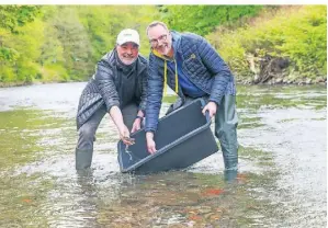  ?? FOTO: TIM OELBERMANN ?? Ralf Kohns und Tobias Erdmann setzten die Fische unweit der Eschbachst­raße in die Wupper.