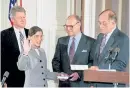  ?? Marcy Nighswande­r, AP ?? Chief Justice William Rehnquist, right, swears in Ginsburg on Aug. 9, 1993, at the White House as President Bill Clinton looks on.