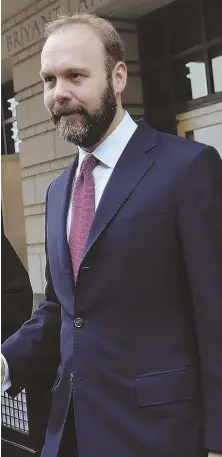  ?? AP PHOTOS ?? BUILDING A CASE: Rick Gates, above, leaves federal court in Washington yesterday. Gates, a former top adviser to President Trump’s, top left, election campaign, pleaded guilty in the special counsel’s investigat­ion.