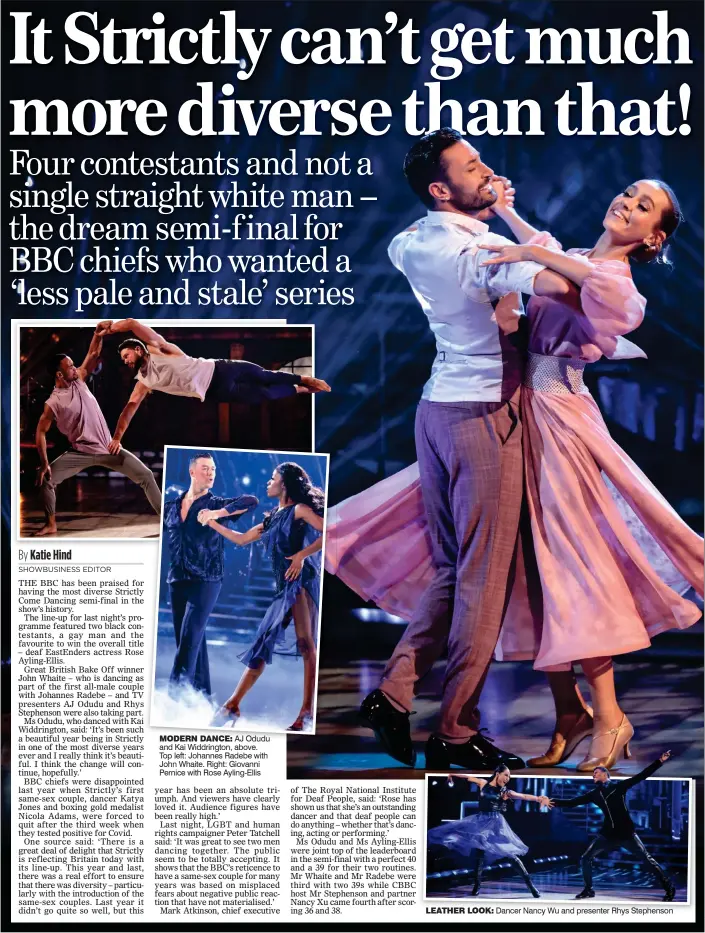  ?? ?? mOdERn dAncE: AJ Odudu and Kai Widdringto­n, above. Top left: Johannes Radebe with John Whaite. Right: Giovanni Pernice with Rose Ayling-Ellis
LEATHER LOOK: Dancer Nancy Wu and presenter Rhys Stephenson